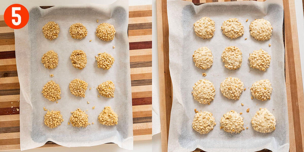 Pignoli cookie dough on a parchment-lined baking tray.