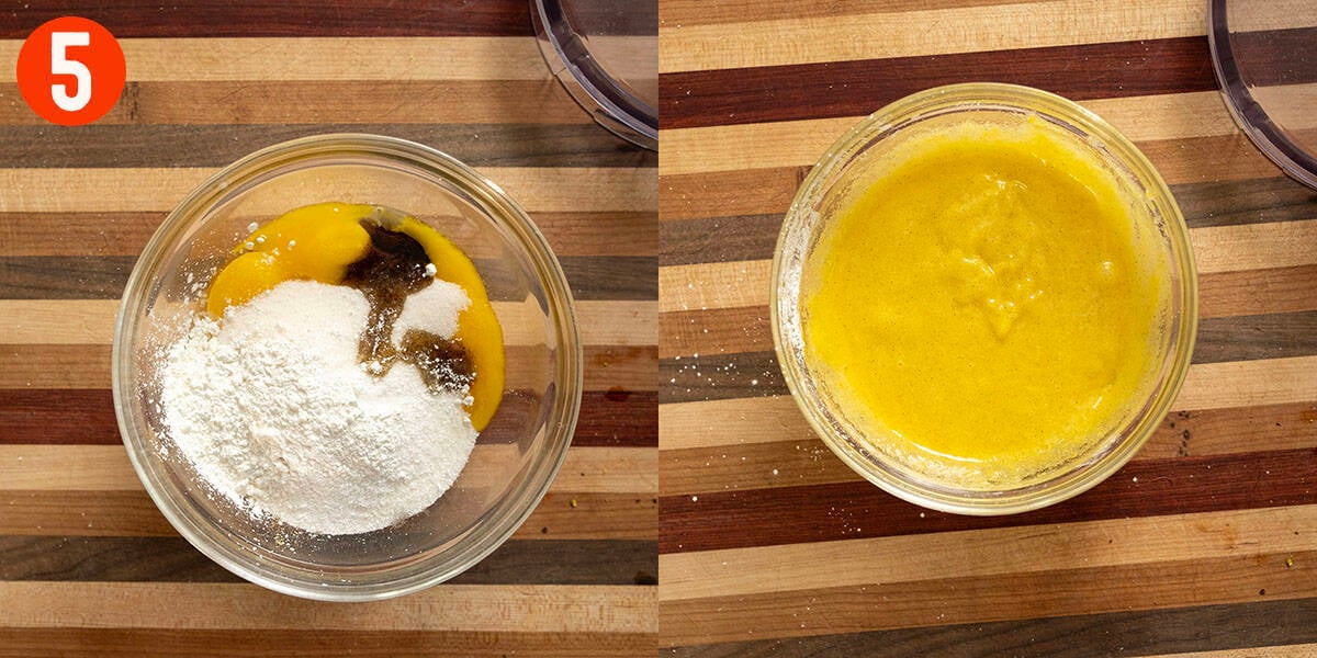 Whisking egg yolks, sugar, vanilla bean paste, salt, and cornstarch together.