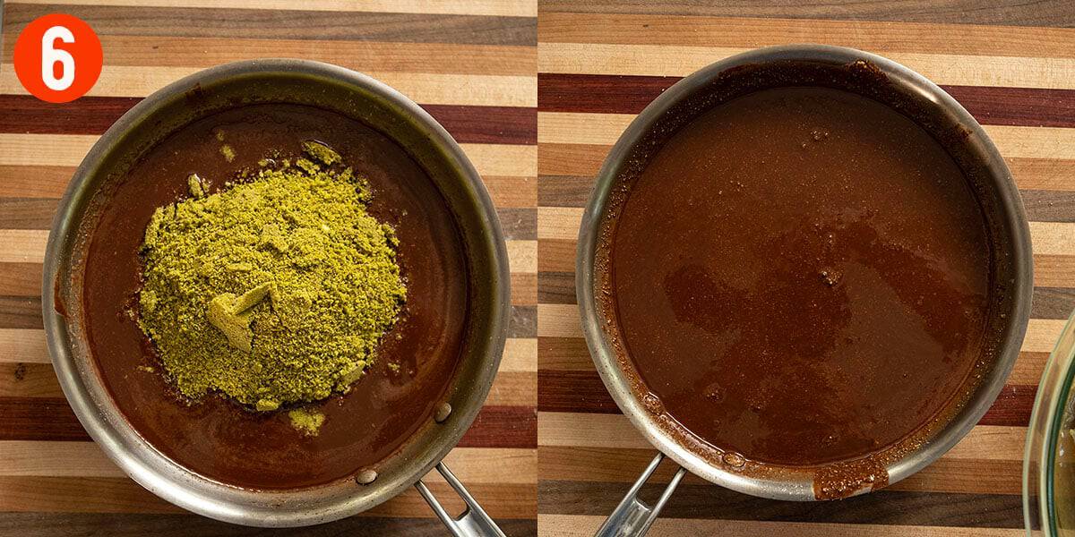 Combining ground pistachios with chocolate and melted butter.