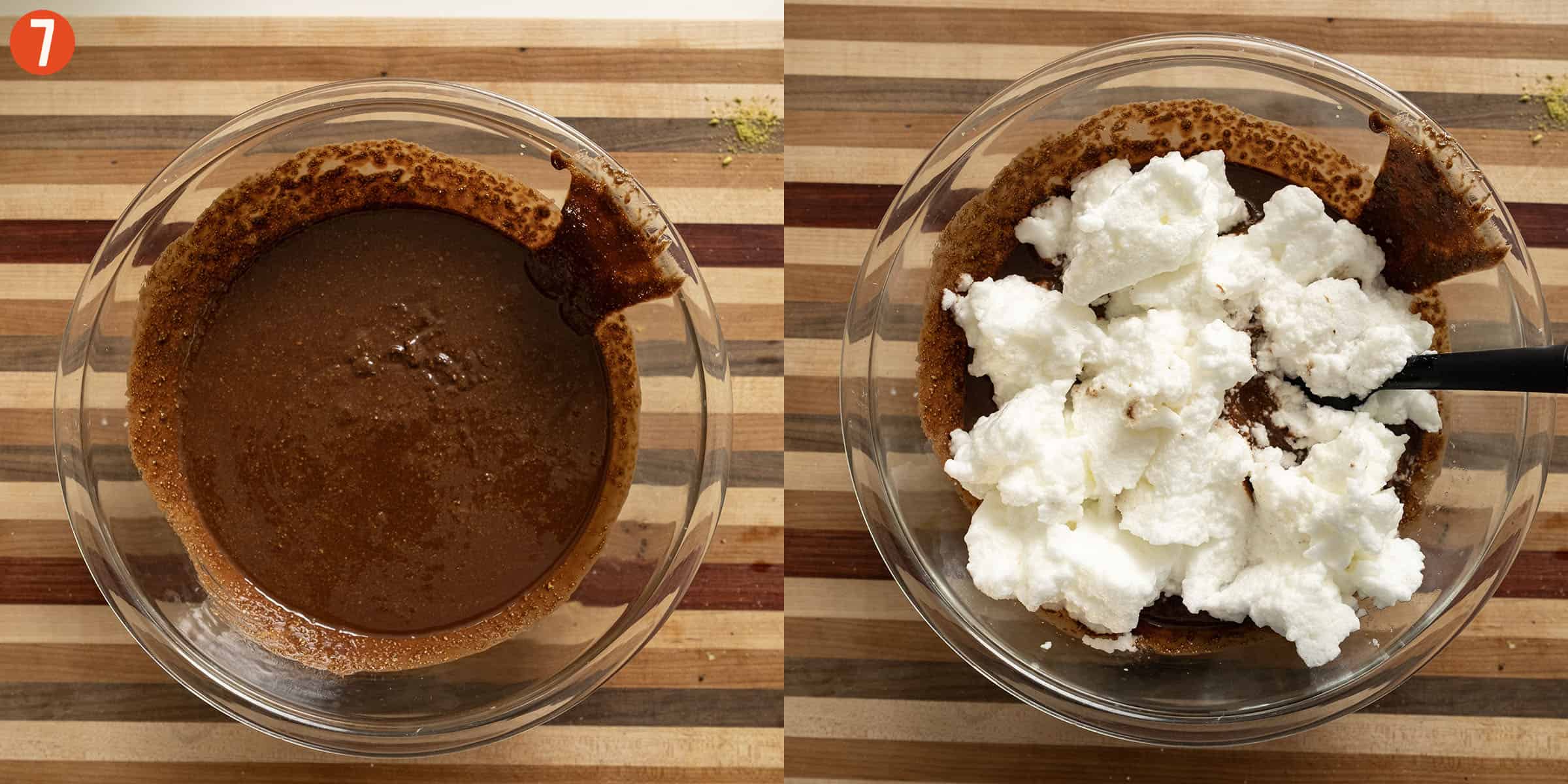 Combining egg mixture with chocolate and butter then folding in egg whites.