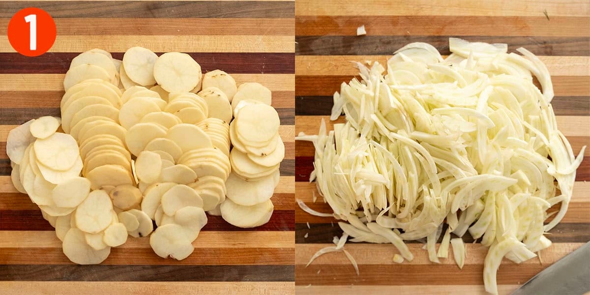 Slicing fennel and potatoes thinly.