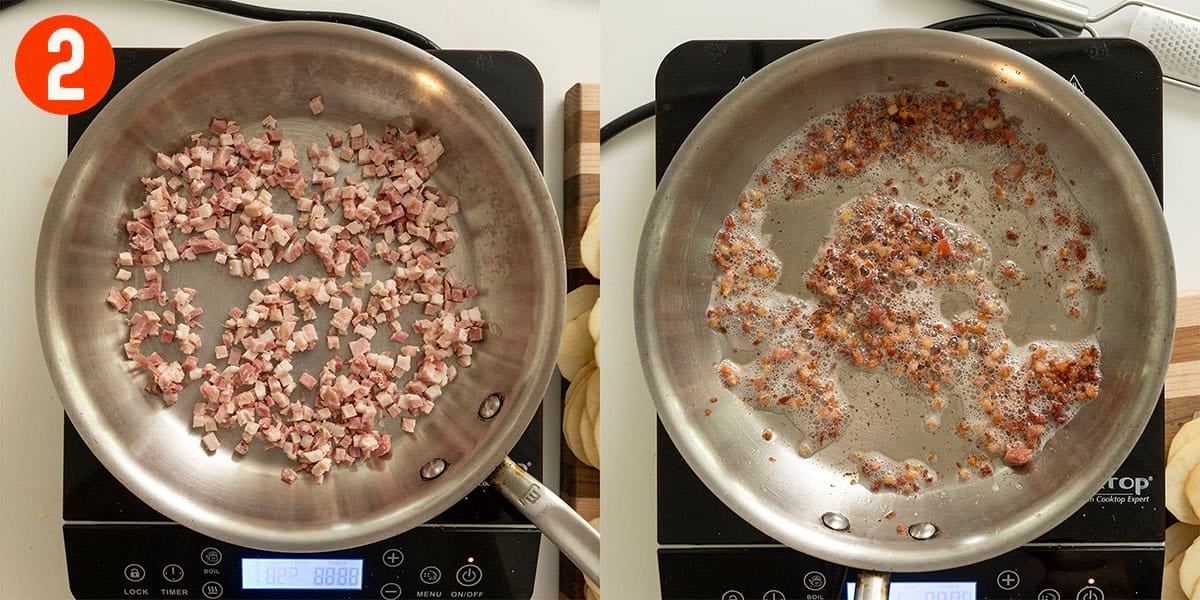 Frying pancetta in a saucepan until golden brown.