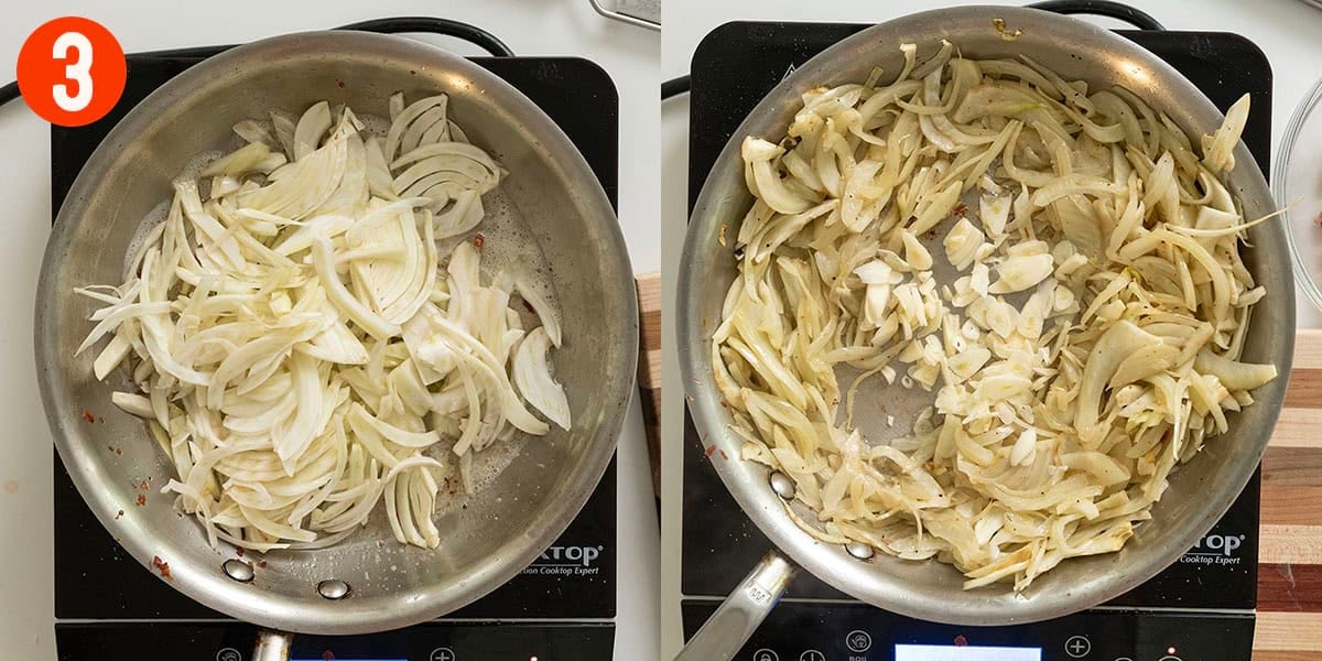 Sauteing fennel in a saucepan.