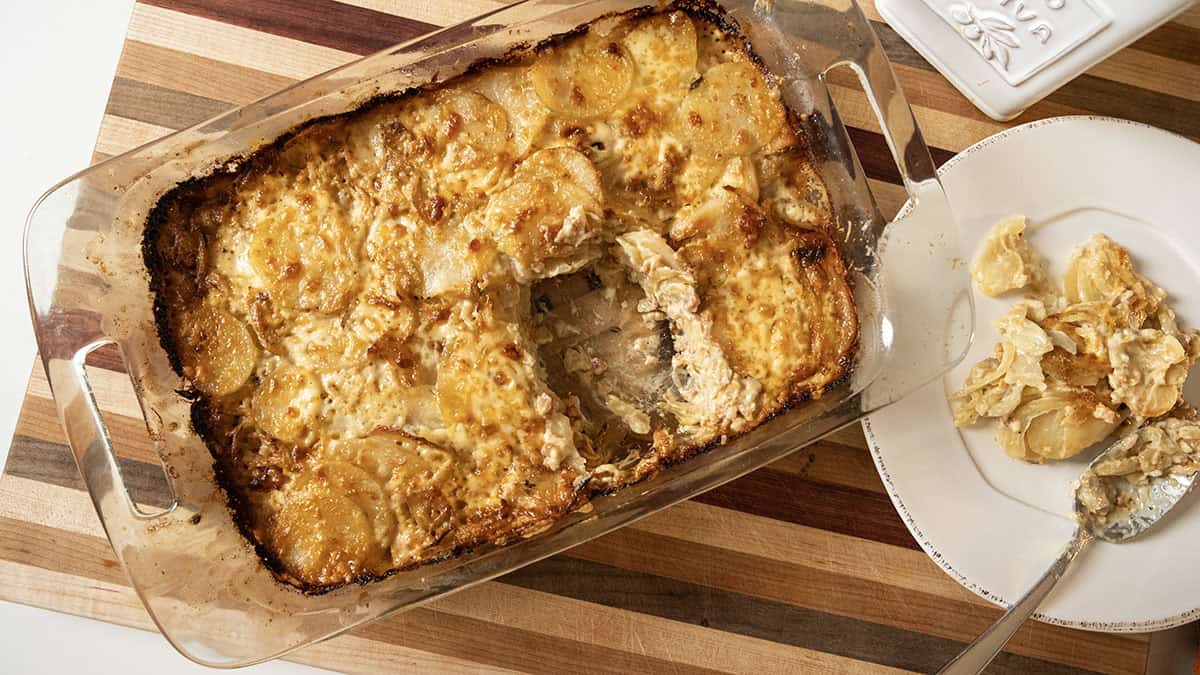 Spoonful of potato and fennel au gratin removed from the dish and placed on a plate.