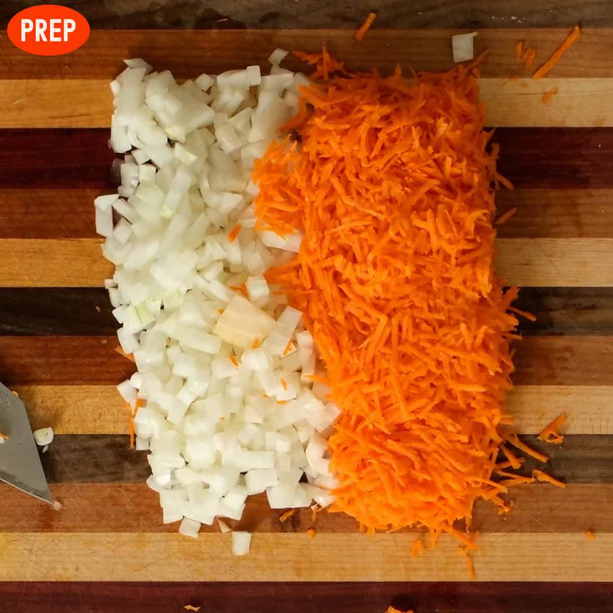Chopped and grated onions and carrots.