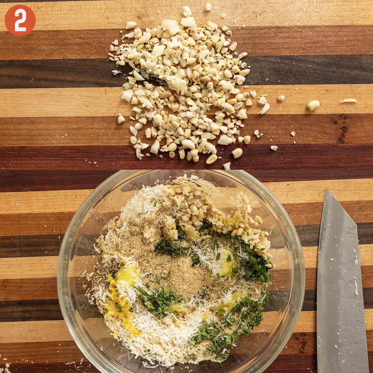 Combining bread crumb mixture in a bowl.