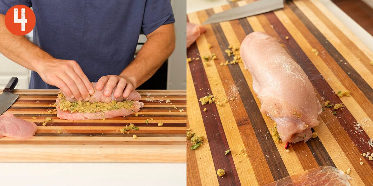 Rolling Stuffed turkey breast, short end to long end.