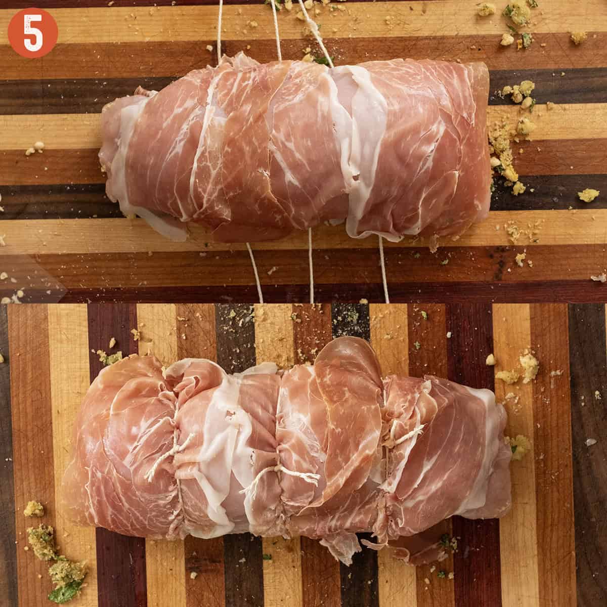 Wrapping stuffed turkey breast in prosciutto and tying with twine.
