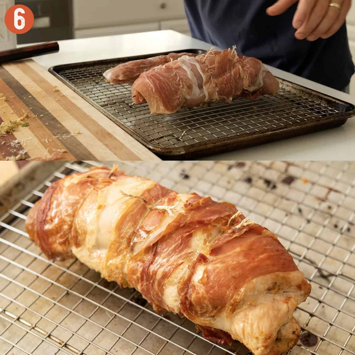 Rolled stuffed turkey breast on a cooling tray after baking in oven.