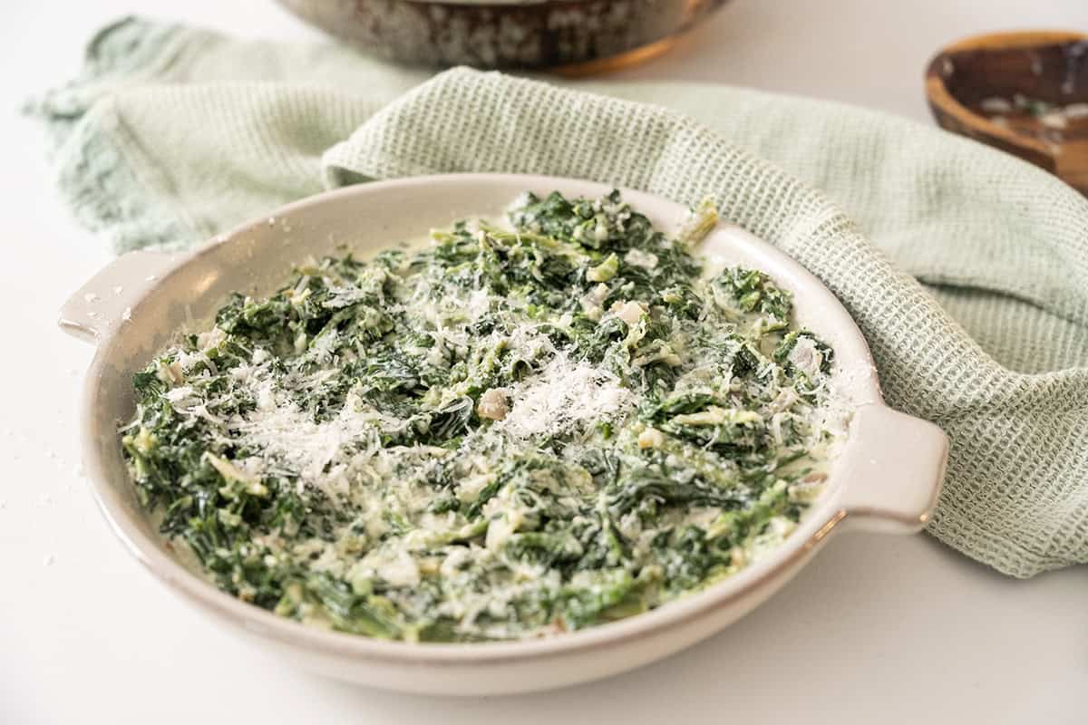 Steakhouse creamed spinach in a serving bowl.