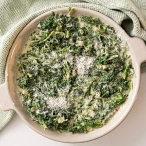 Steakhouse creamed spinach in a serving bowl.