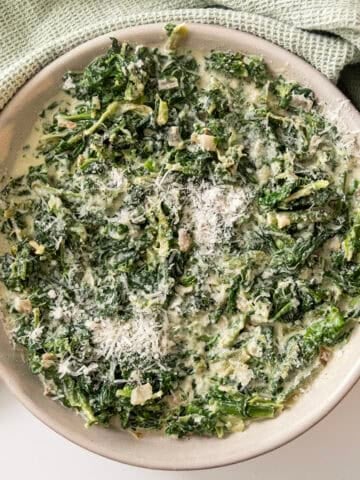 Steakhouse creamed spinach in a serving bowl.