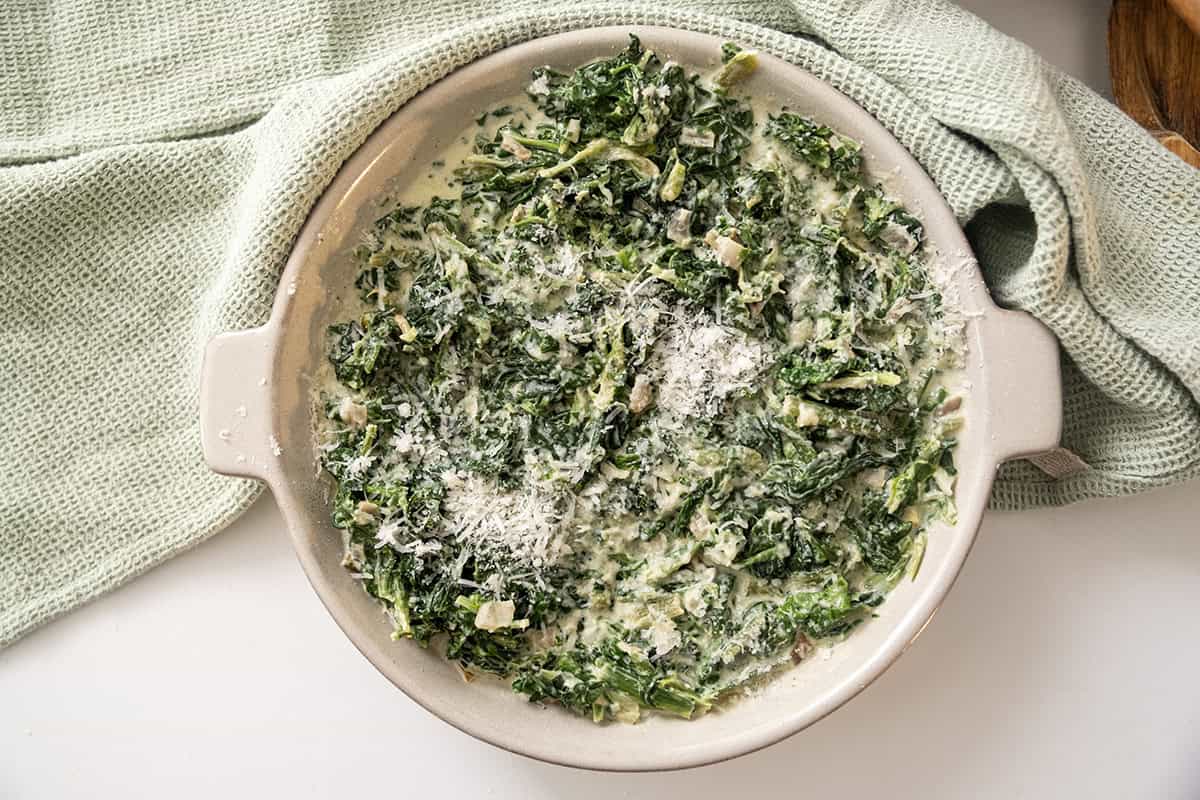 Steakhouse creamed spinach in a serving bowl.