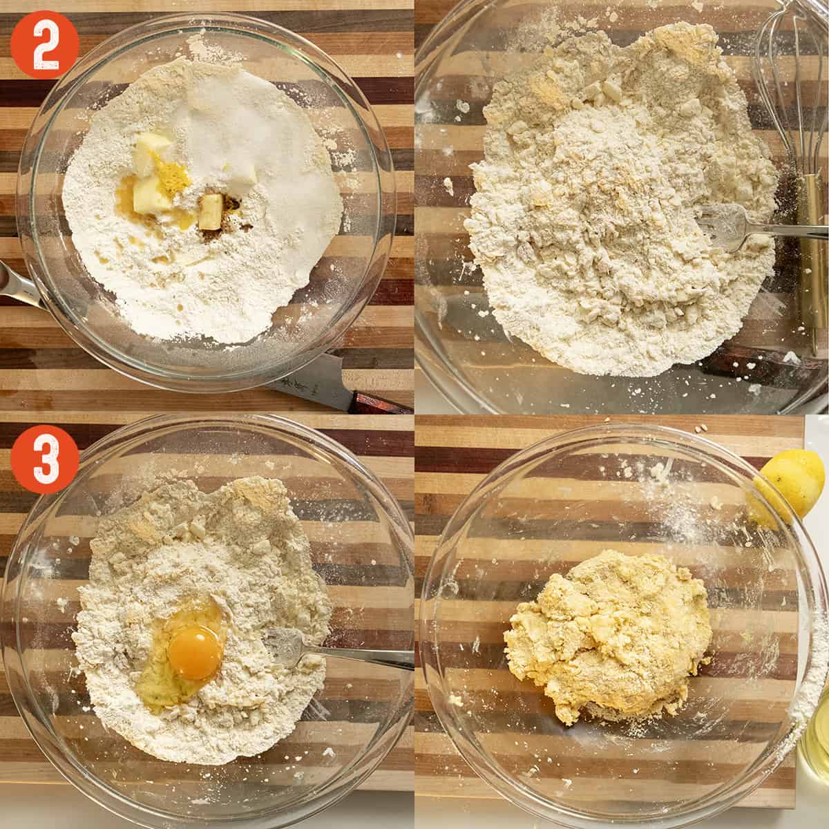 Mixing wet ingredients with dry ingredients.