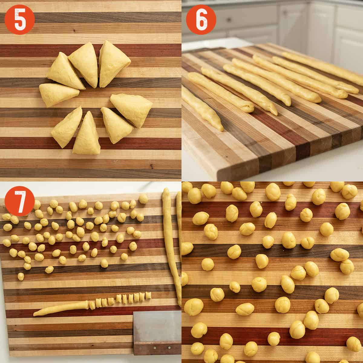 Dividing dough, rolling it into long logs and chopping it into little pieces to roll into balls.