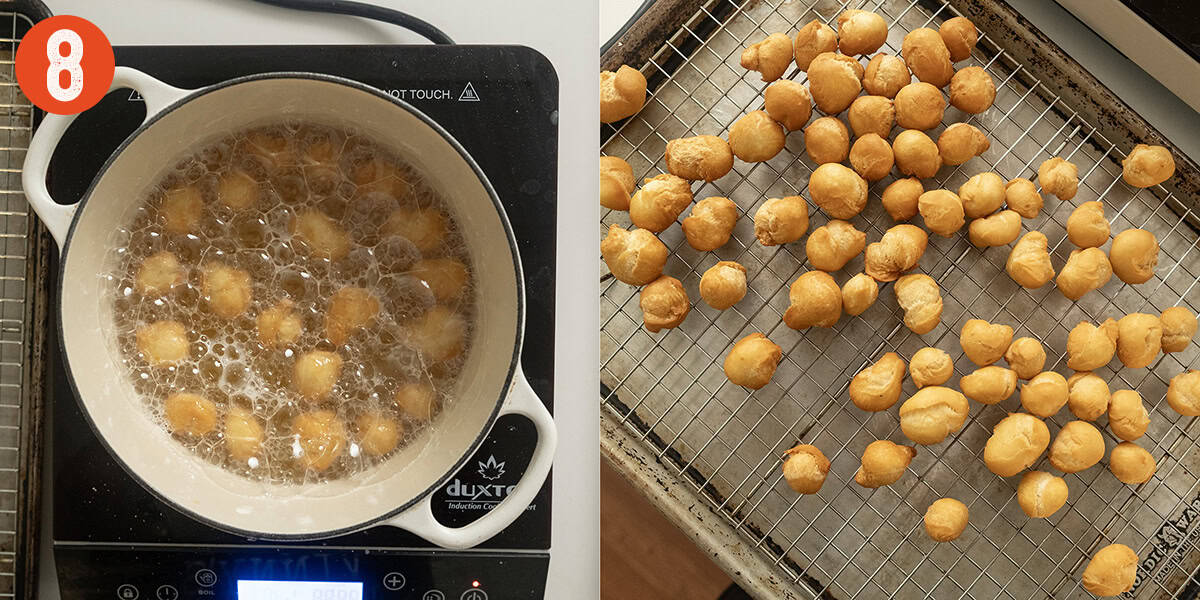 Frying dough balls and cooling them on a wire rack.