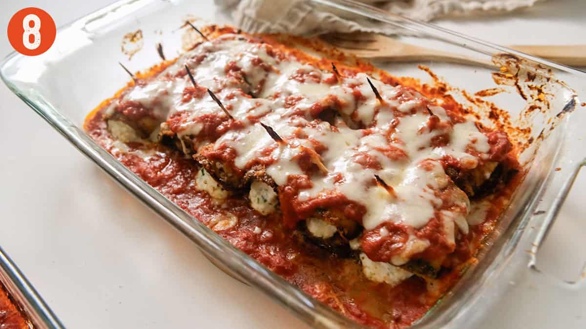 Eggplant Rollatini baked with melted mozzarella cheese and marinara.