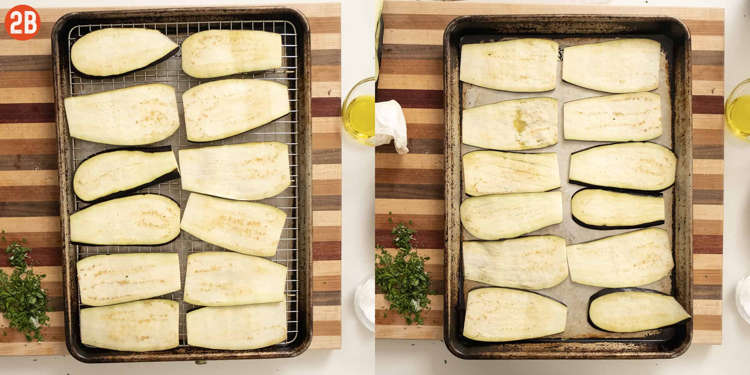 Salting eggplant and placing them on a baking tray.