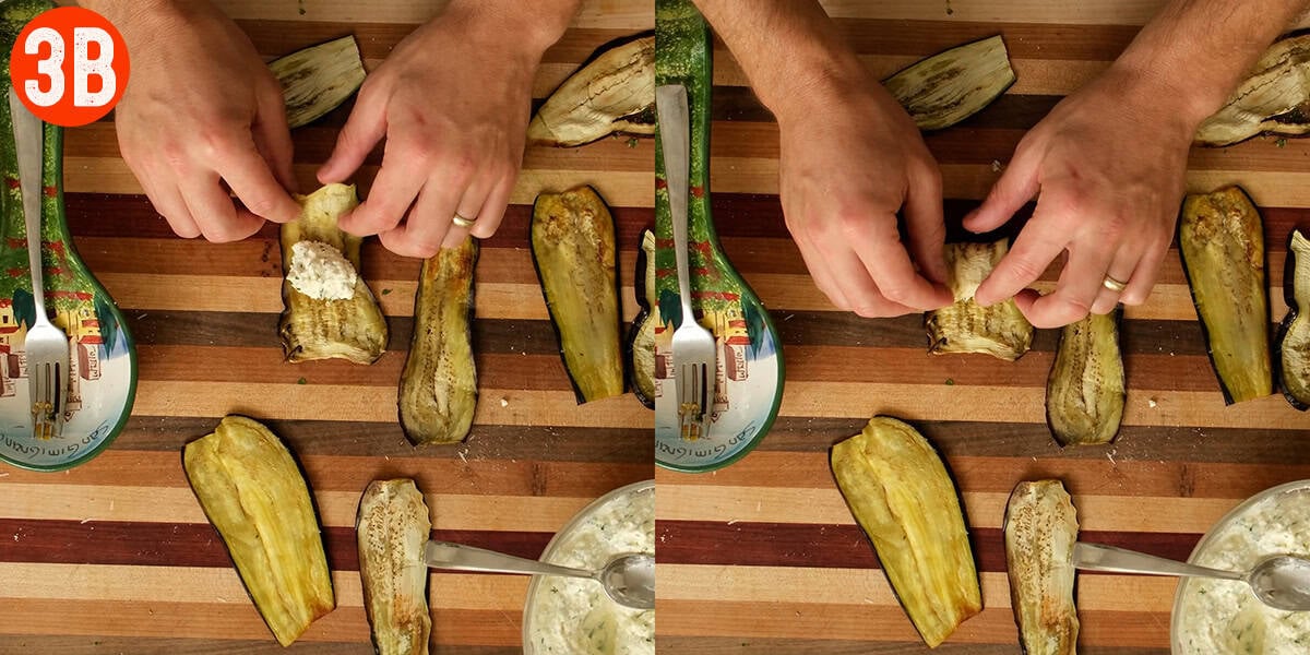 Rolling baked eggplant with ricotta.