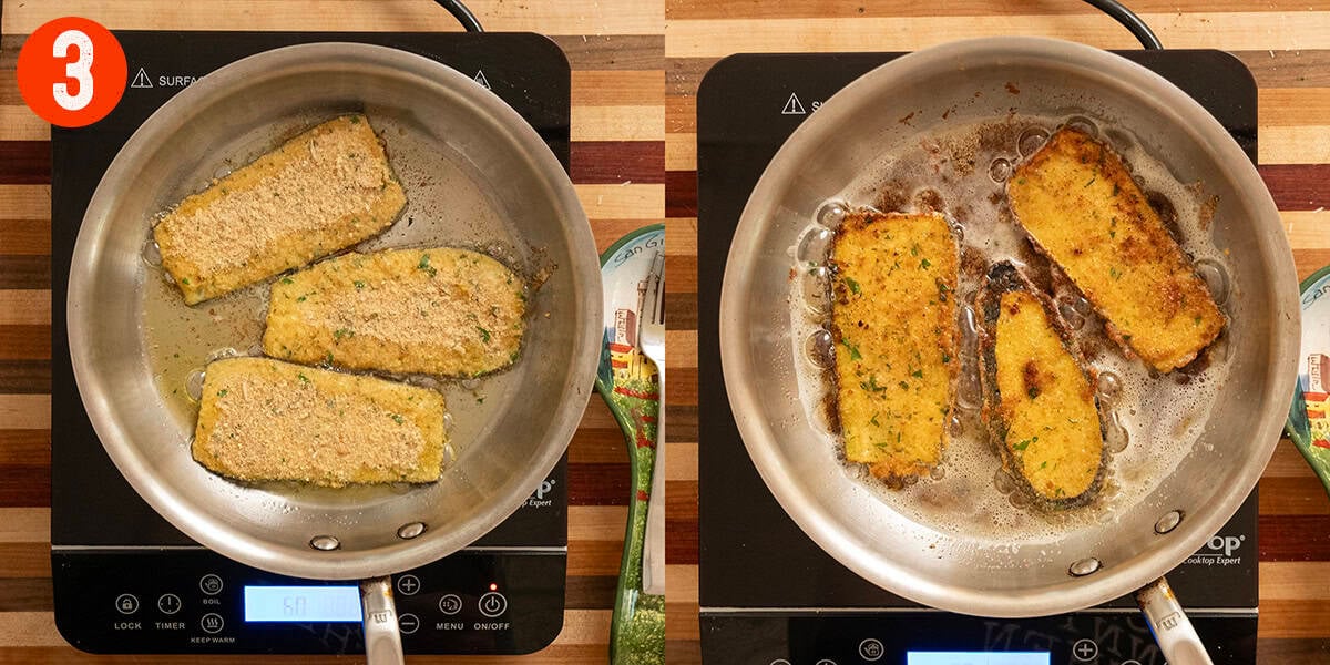 Frying eggplant in extra virgin olive oil.