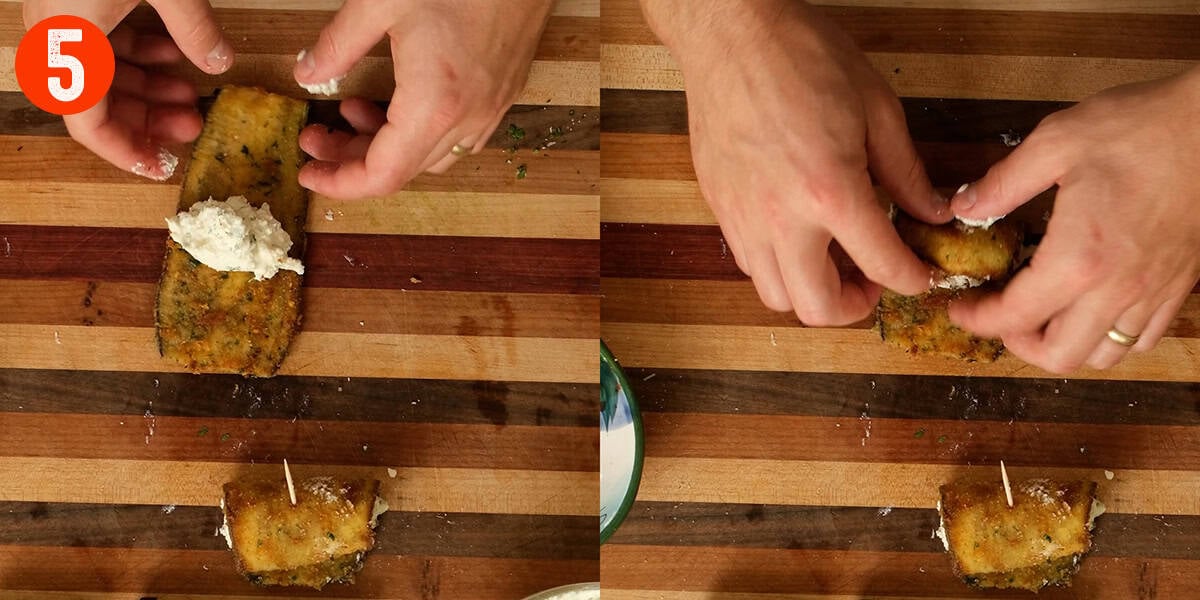 Rolling ricotta in a fried eggplant.