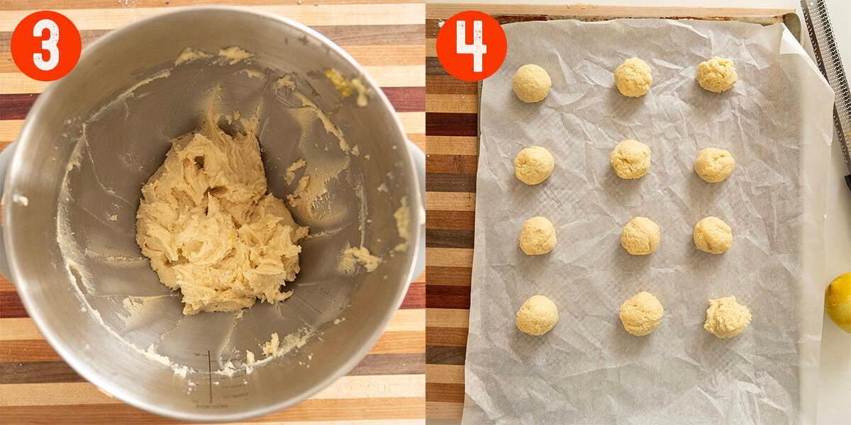 Dry ingredients combined with wet ingredients and formed into dough balls.