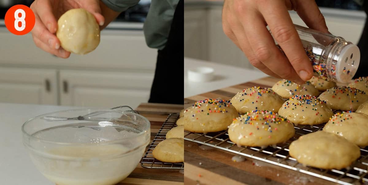 Dipping the lemon ricotta cookies in icing.